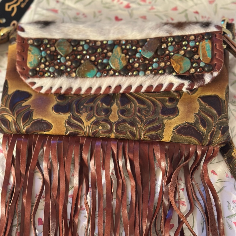 KurtMen Leather & Turquoise Beaded Cross Body or convertible Clutch Bag
